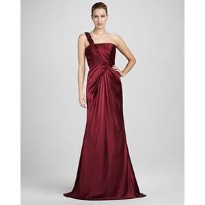 Carmen Marc Valvo Collection One Shoulder Braided Silk Satin Pleated Gown, Plum